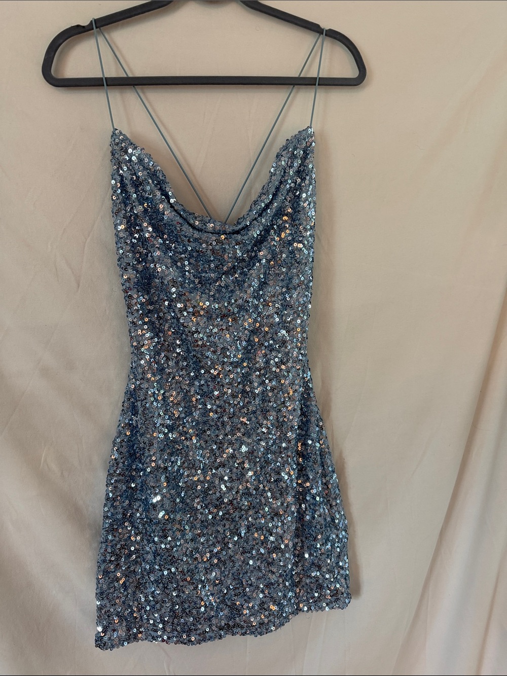 B Darlin Silver-Blue Sequin Cowl Neck Mini Dress